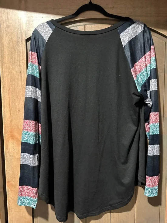 SHEIN Black Long Sleeve Top with Multicolor Stripe Sleeves - Picture 3 of 3